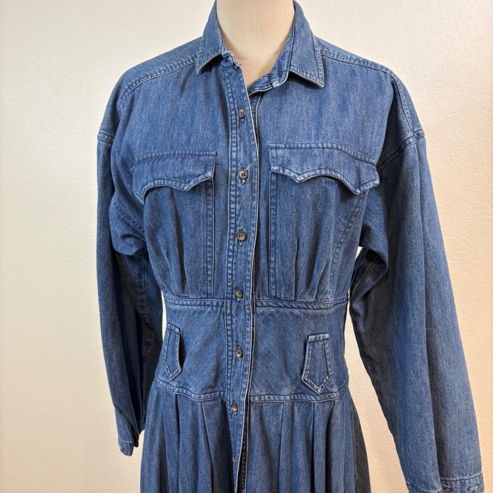 Ruff Hewn Denim Maxi Dress Womens M Blue Vintage Western Fit Flare Cowgirl Boho - Picture 3 of 8